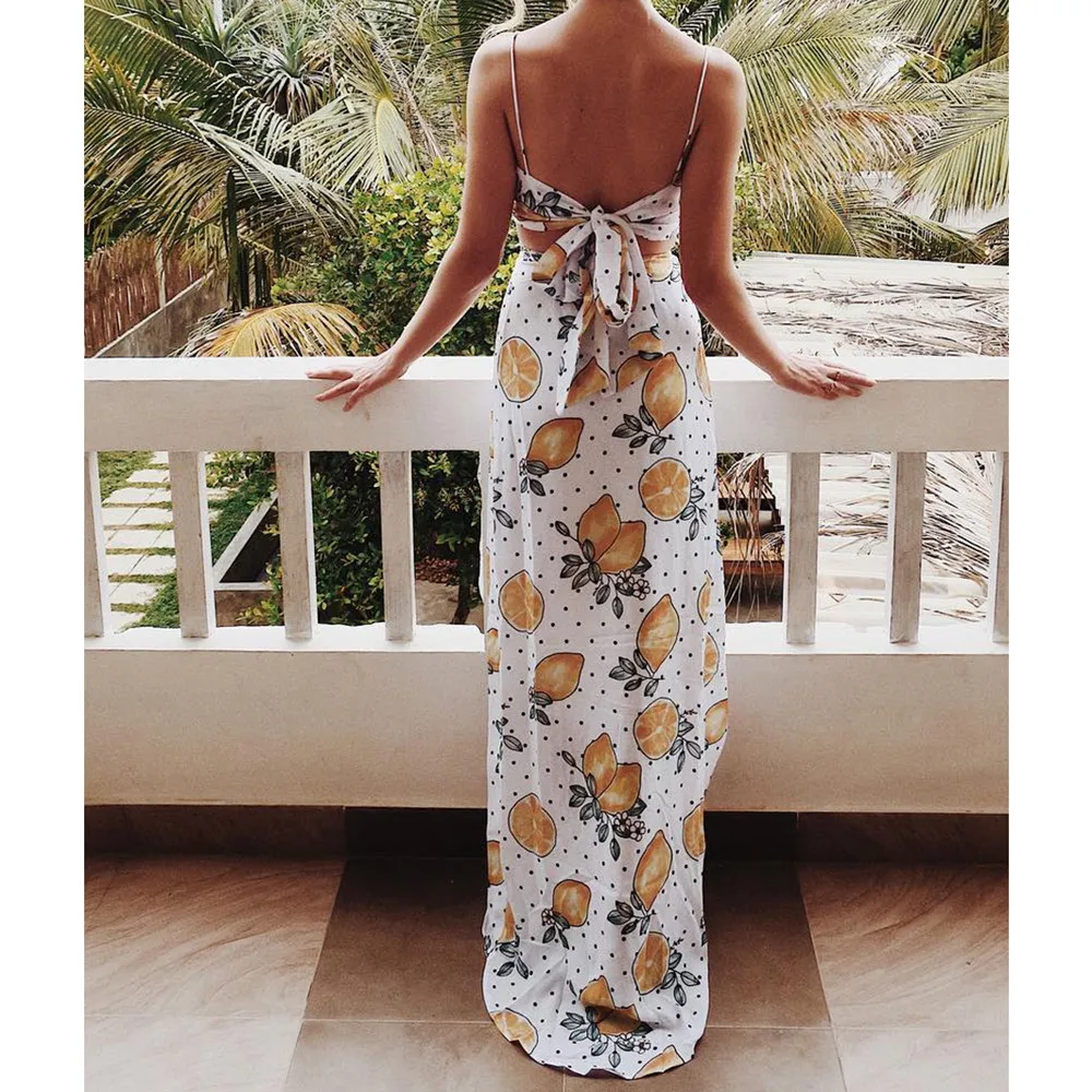 

Women Fashion Plus Size Print Sleeveless Bandage Camis Long Fork Party Dress Summer Lemon Sleeveless Dresses Girl designer dress