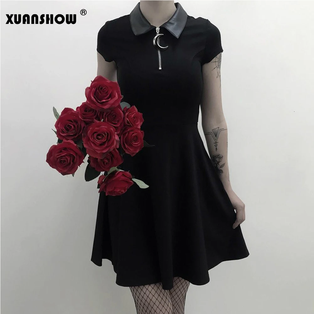 XUANSHOW 2019 летнее готическое платье с пэчворком из искусственной кожи коротким