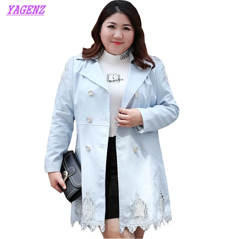 

Plus size Windbreaker Coat Spring Autumn Women Lace Stitching Long Trenchcoat Young Ladies High quality Slim Long Coat 6XL B583