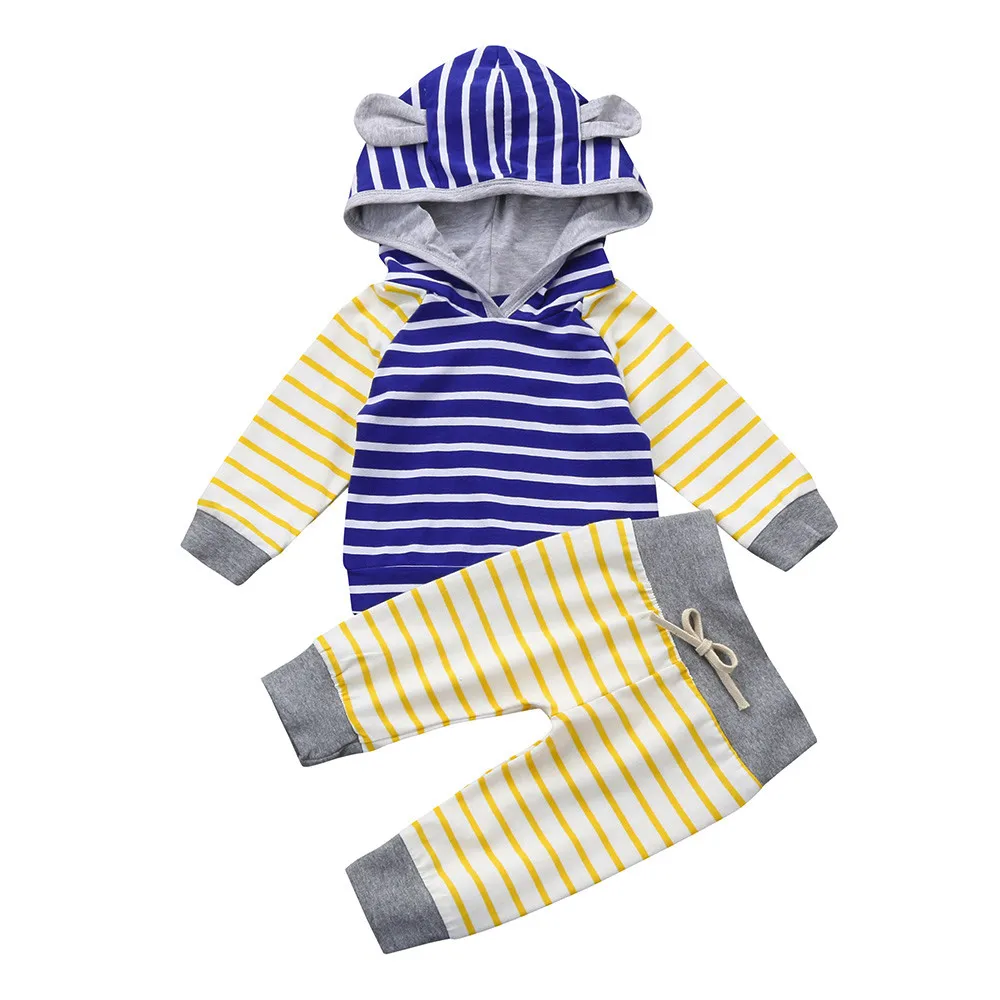2pcs Toddler Baby Boy Girl Clothes Set Floral Print Hoodie Tops+Pants Outfits Striped Baby Girls Boys Sweatsuit Tracksuit