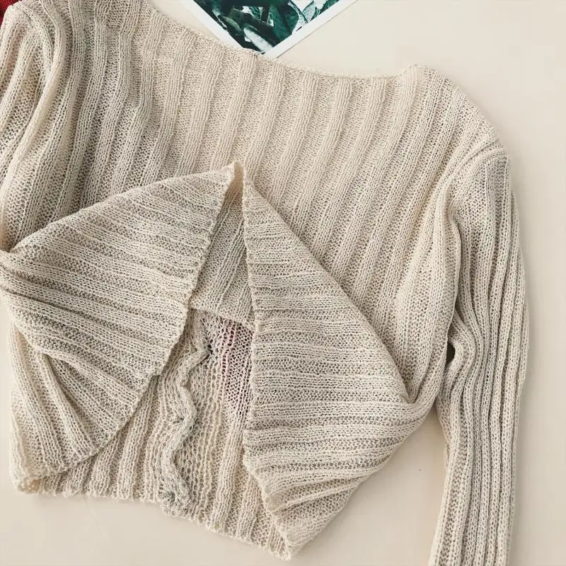 Women Sweater V-neck Long Bell Sleeve Knitted Loose Single Breasted Thin Coat
