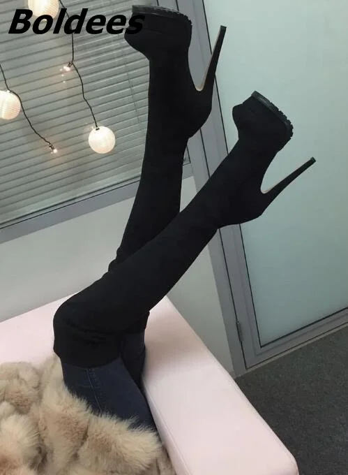 

Sexy Black Suede Stiletto Super High Heels Over The Knee High Boots Women Fancy Slim Fit Platform Long Boots NewArrivalCelebrity