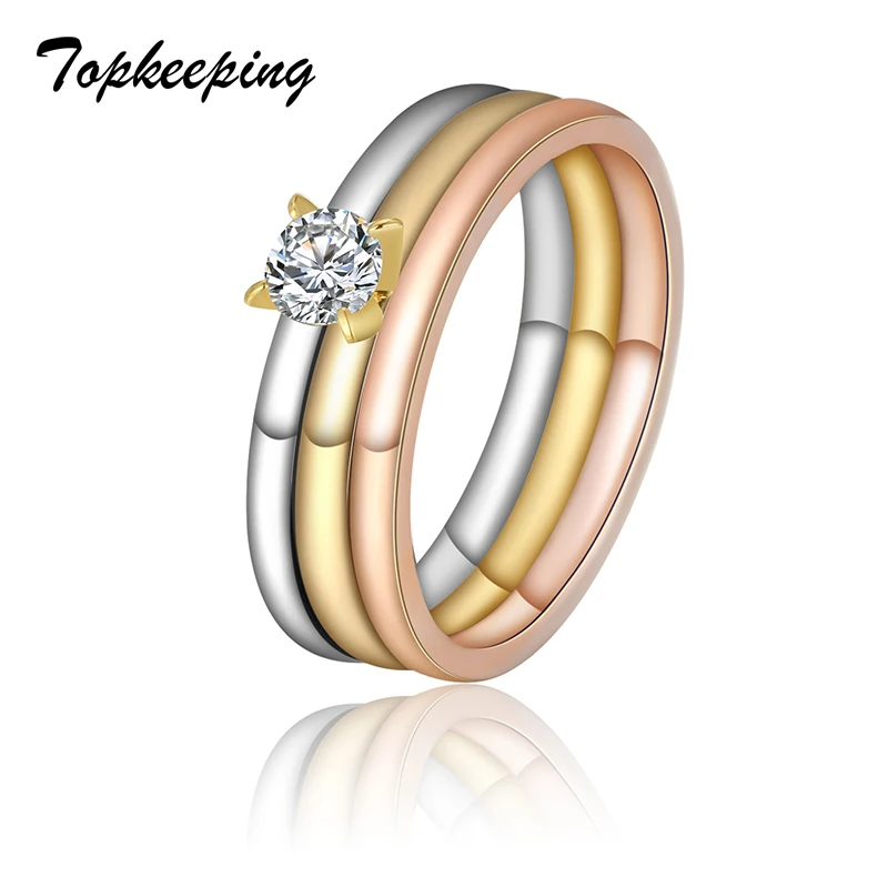 

Topkeeping Brand Fashion Novelty Tricolor Crystal Ring 3PCS/Set Women Wedding Jewelry Vintage Sparkly Crystal Stackable Ring Set