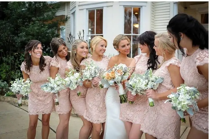 Simple Elegant 2017 Short Lace Bridesmaid Dresses Cap Sleeves Pink Junior Wedding Party Dress Cheap Bride Gown