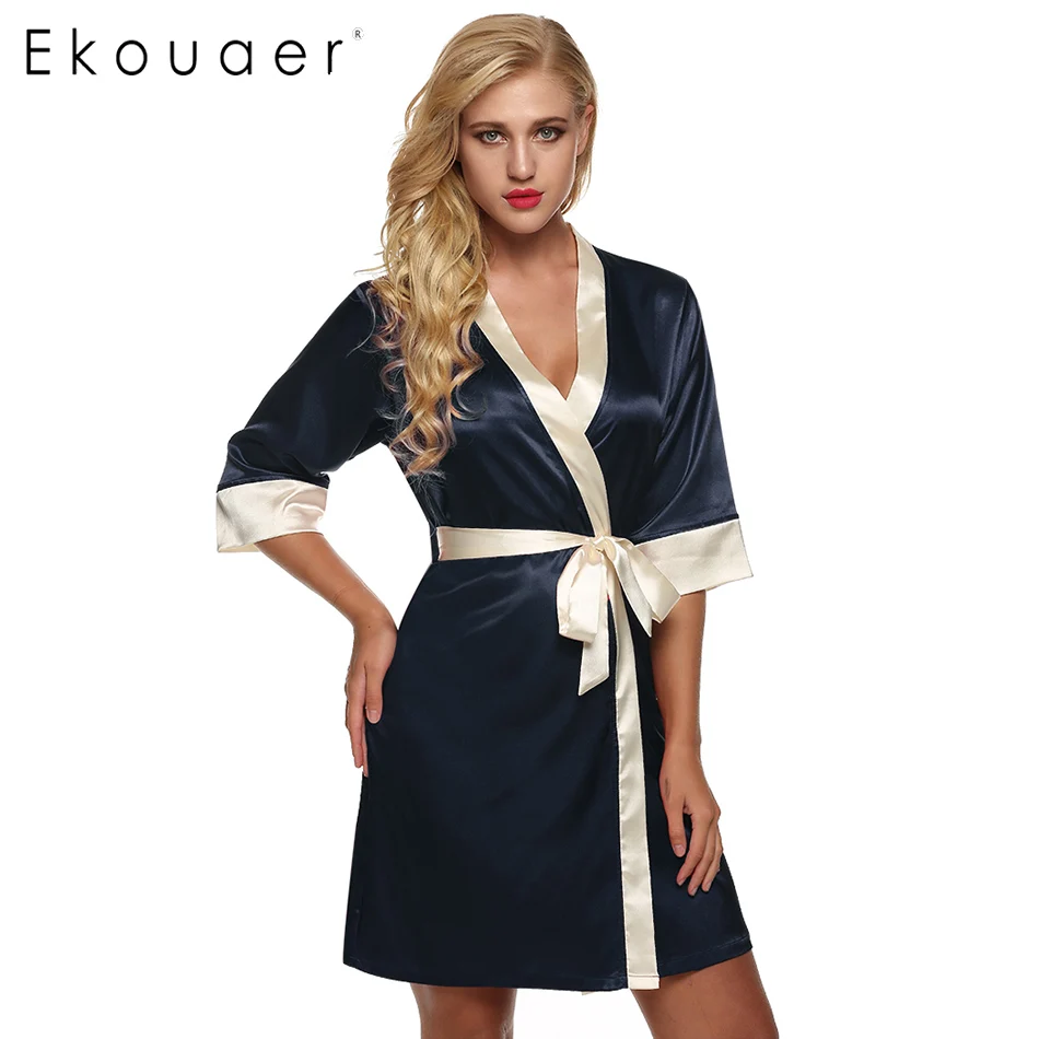 Ekouaer Womens Kimono Robe Knee Length Bathrobe Sexy Lingerie Sleepwear Short Satin Lace Nightwear Bridesmaid Robes XS-XL