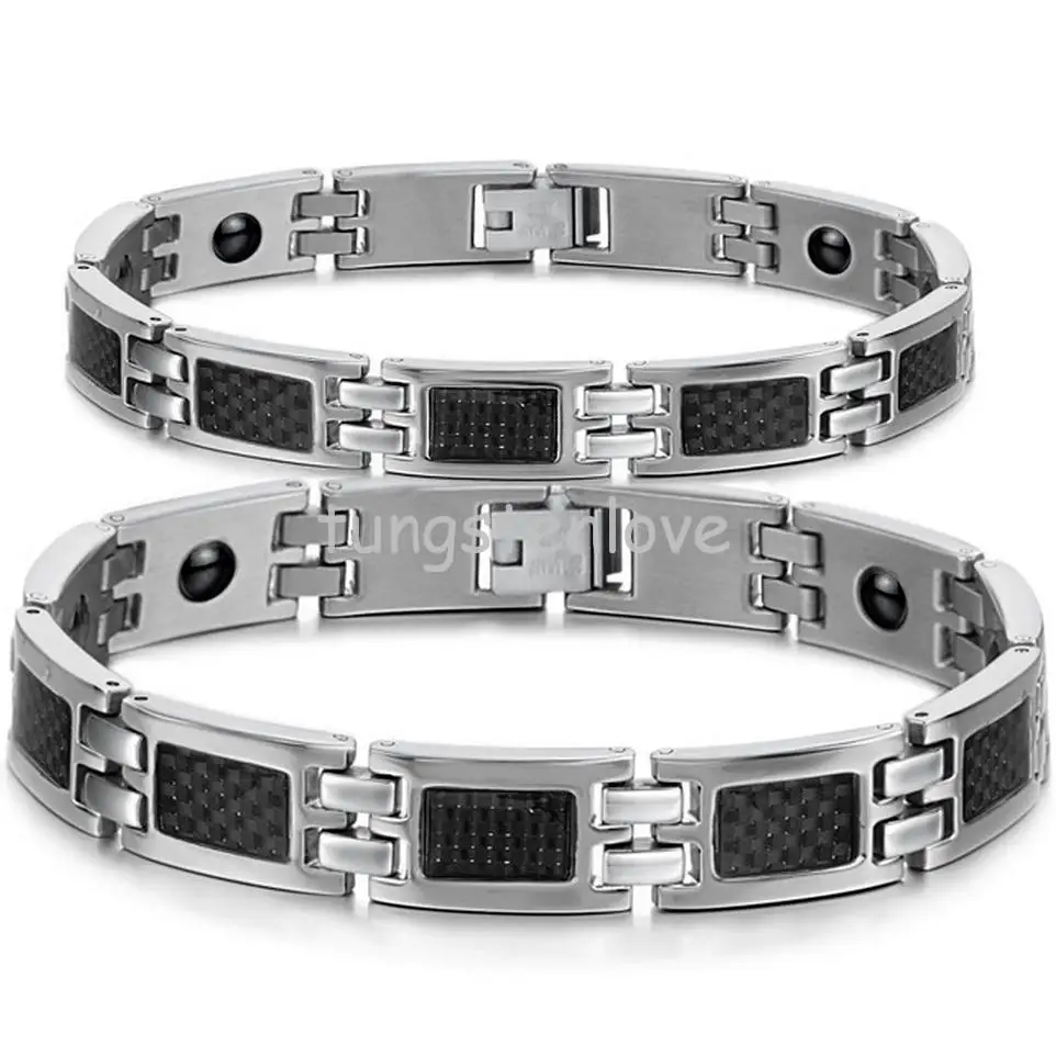 Его или ее Здоровый Черный углеродного волокна энергетический магнитный камень браслеты из нержавеющей стали для влюбленных подарок на день Святого Валентина