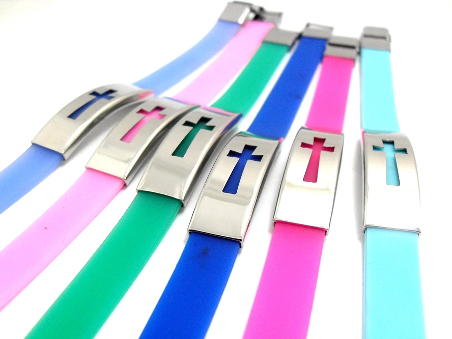 12pcs Cross Silicone Bracelets W/Stainless steel Band Fashion
