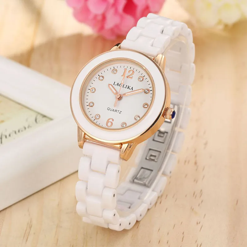 

2019 Luminous Atmospheric White Plus Gold Quartz Arabic Numbers Ceramic Strap Watch for Women Student Fashion & Casual