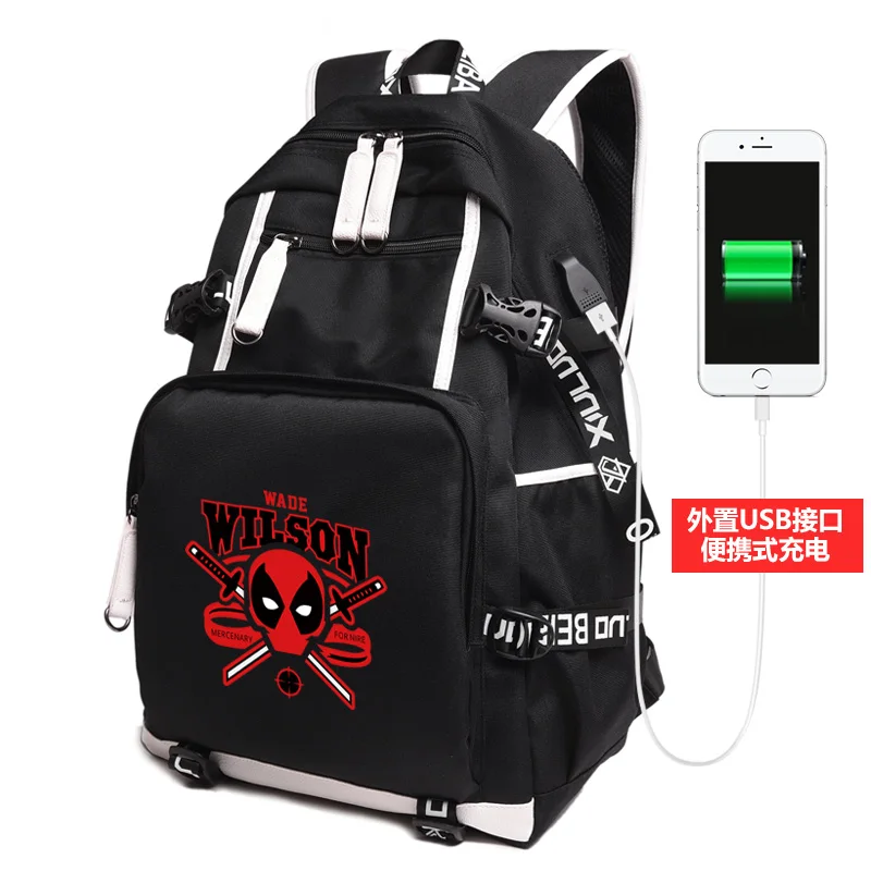 

2018 Newest Royal Oxford Marvel Deadpool Comics Super Hero Movie Civil External USB charging interface Multi-function Backpack
