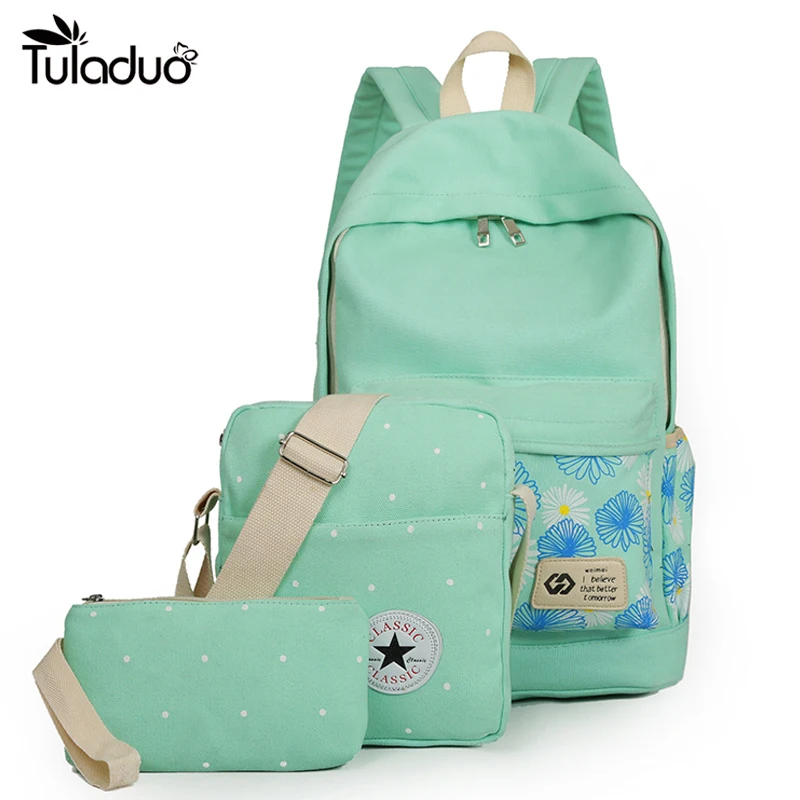 Flora Canvas Women Backpack Big Student Book Bag With Purse Laptop 3pcs Set High Quality Ladies