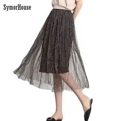 SymorHouse 2019 сезон: весна-лето Винтаж Leopard юбки для женщин женские эластичные высокая Талия Тюль сетчатая юбка длинные плиссированная