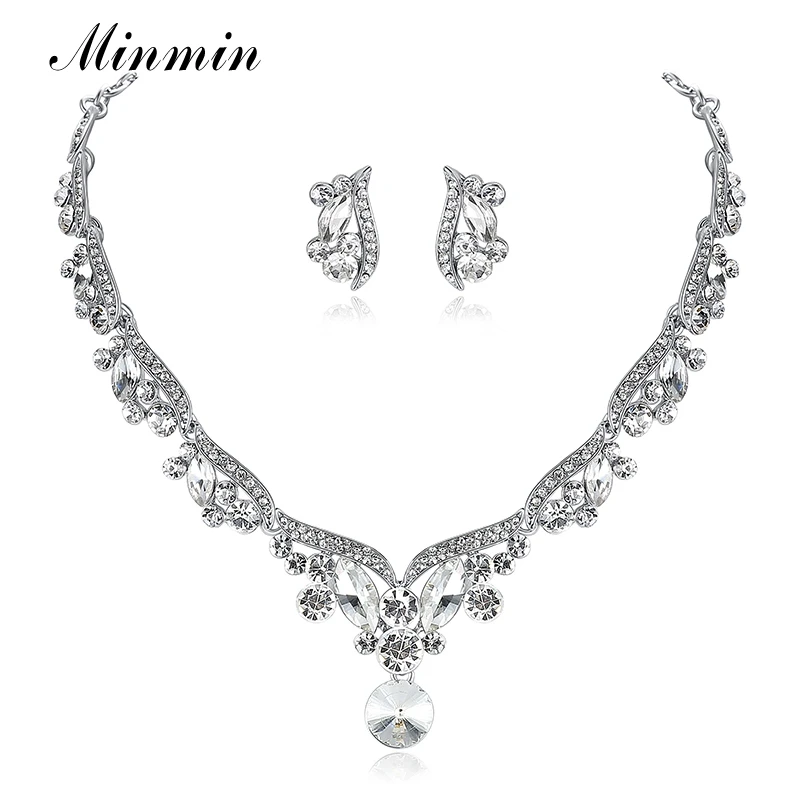 Minmin Silver Color Crystal Elegant Jewelry Sets for Women Earrings