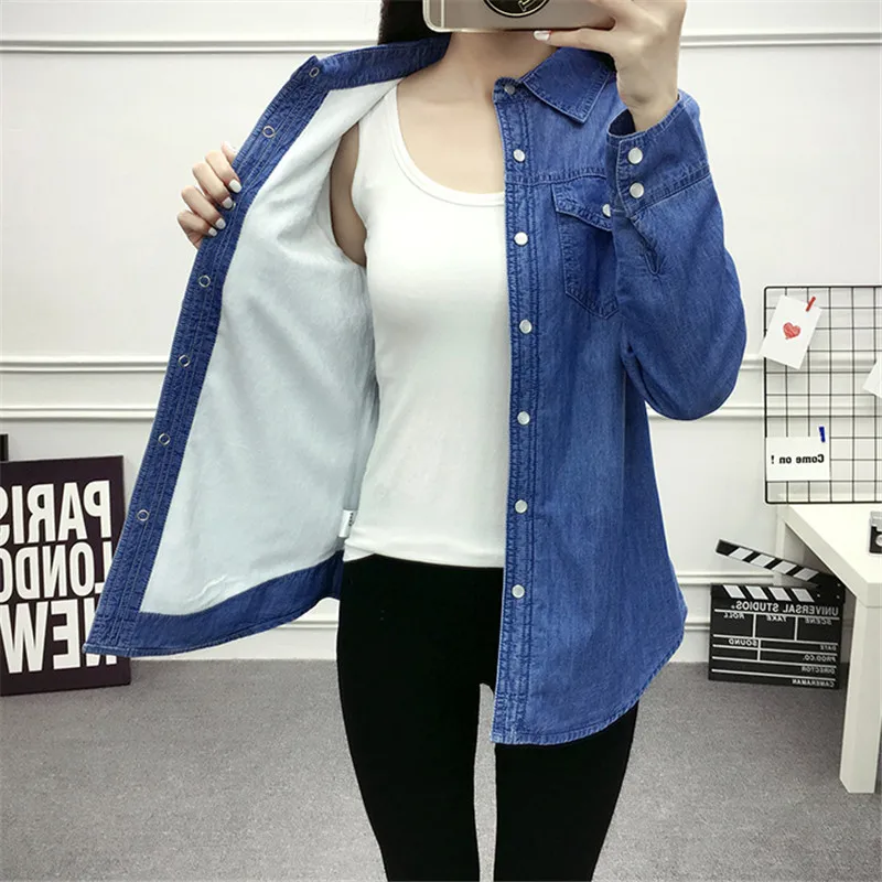 

Winter Denim Blouse Women Warm Thicken Velvet Jeans Shirt Tops Female Long Sleeve Jeans Shirts Coat Blusas Plus Size 3XL AB1164