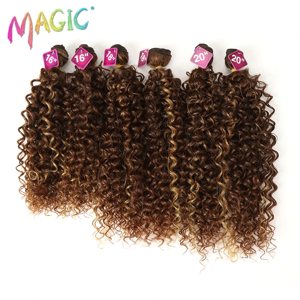 Syntetyczne Afro Kinky kręcone włosy blond 16-20Inch 7 sztuk/lot syntetyczne przedłużanie włosów 6Pieces z zamknięciem koronki dla czarnych kobiet -