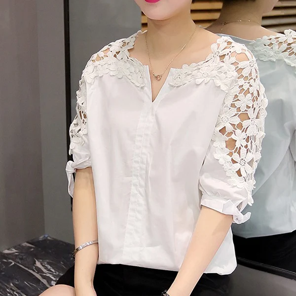 Белые женские блузки размеров больших, рубашки, мода, цветочные, с вырезами, рукавом с коротким, одежд женская а, v-образные вырезы, 5XL 823A 30 - Цвет: white
