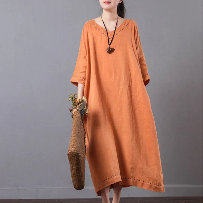 

Plus Size Casual Summer Dresses Women Vintage Half Sleeve V-Neck Loose Cotton Long Party Dress Solid Color Maxi Bodycon Dress