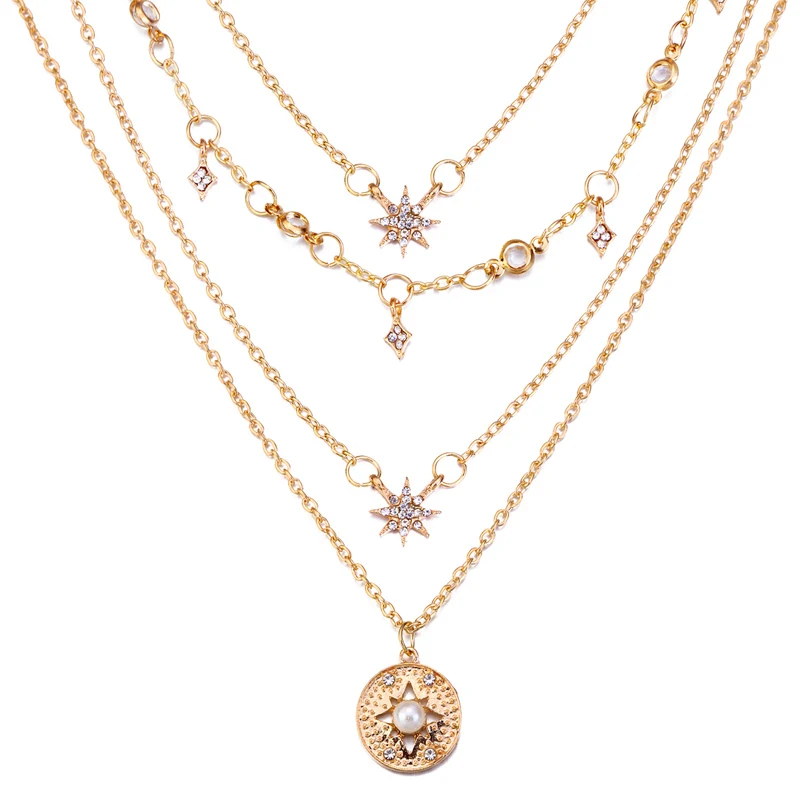 Hesiod многослойное ожерелье из сплава золотого цвета с кристаллами, звездами, луной, картой для женщин, колье, ожерелье - Окраска металла: 1523