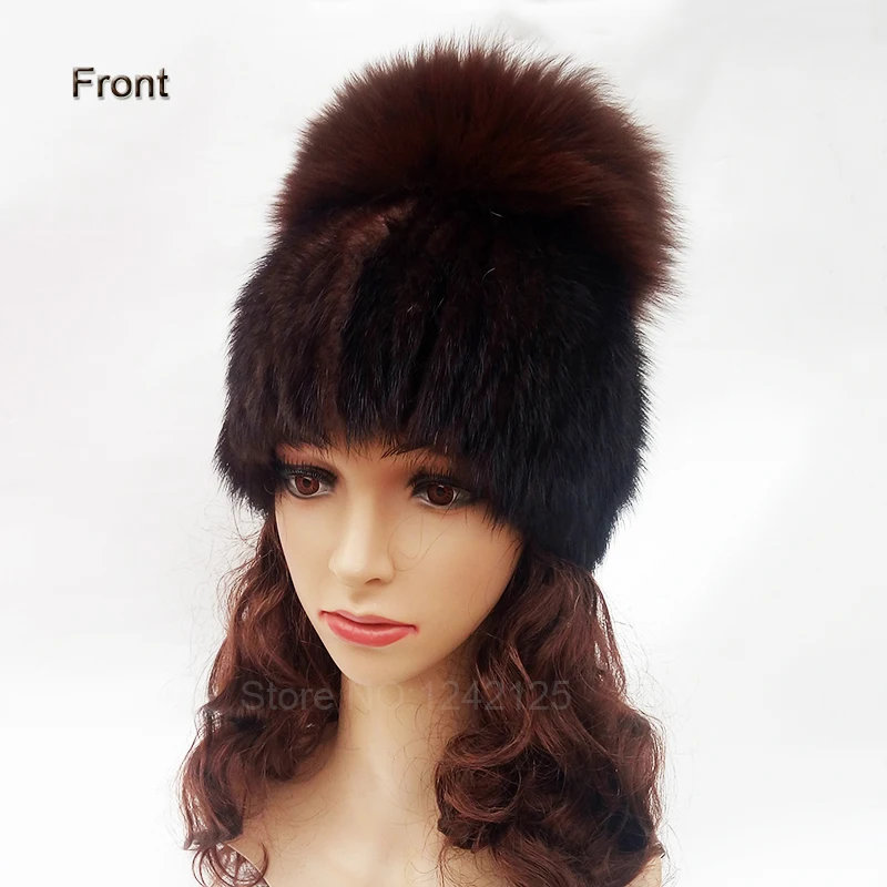 

New winter women girl lady knitted mink fur hat elegance warm striped with large fox fur ball real mink weave hats caps beanies