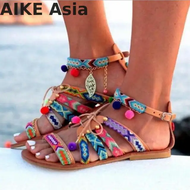 Plus Size 34-43 Ethnic Bohemian Summer Woman Pompon Sandals Gladiator Roman Strappy Embroidered Shoes Women Flat Sandals