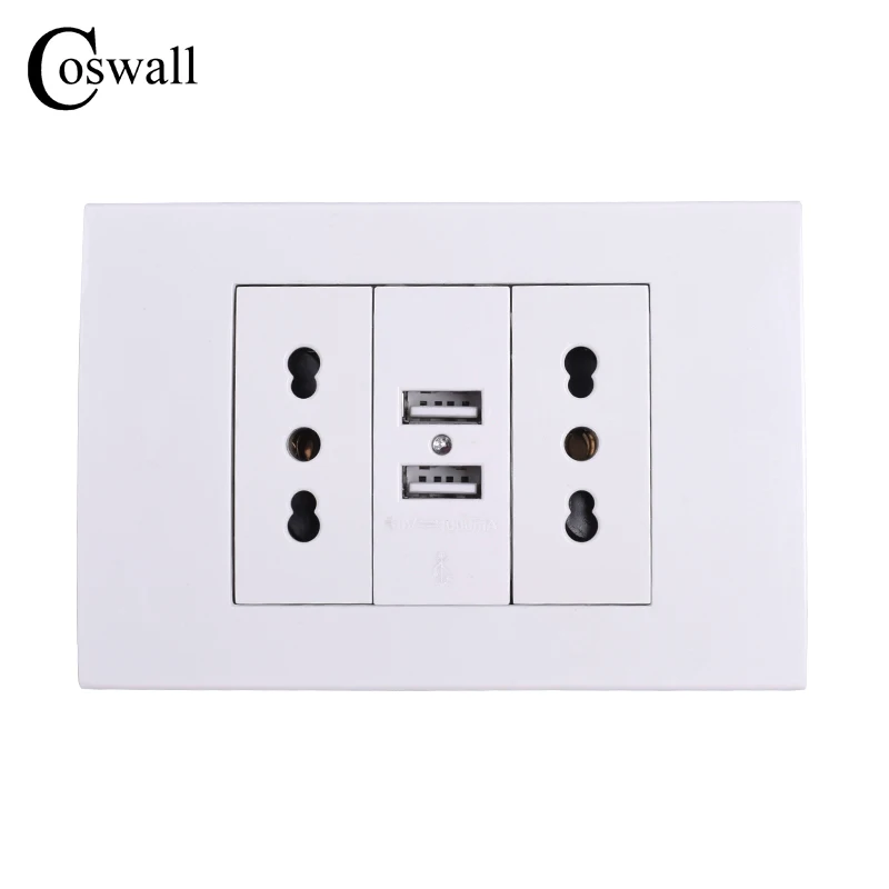 Coswall Wall Power Socket Double Chile / Italian Electrical Outlet 1000mA Dual USB Charger Port for Mobile 118mm*80mm 3 PCS/LOT