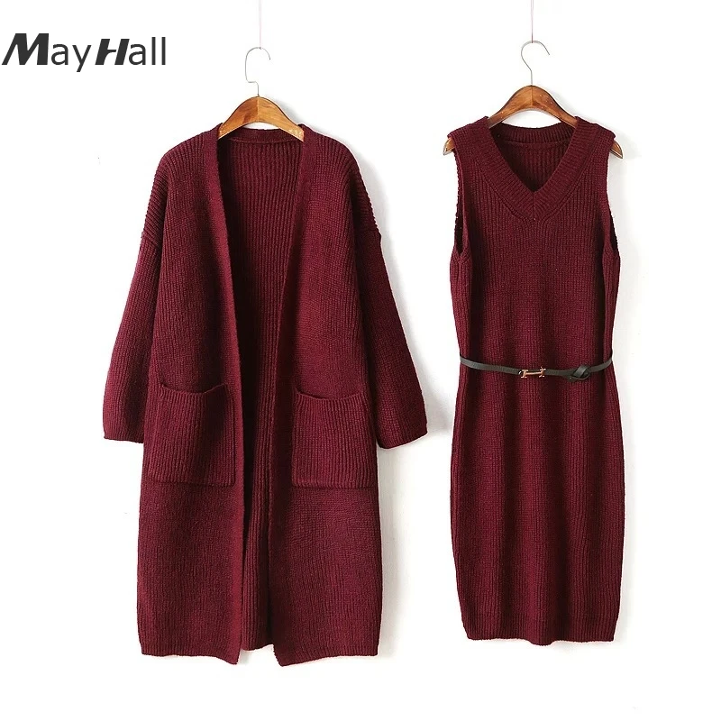 

MayHall Long Pockets V-neck Loose Fashion Wild Sweater Elegant Long Sleeve Tie up Sweater Cardigan Two-piece Suit MH378