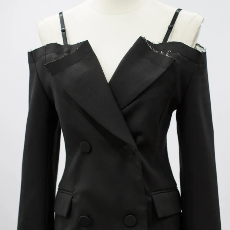 Stripe Ld0224 eam 2019 Cou Unique Manteau Printemps Soild Femme cou Tempérament Slash Black Spliced Slim V Poitrine Noir Costume 7TwW7qxrSd