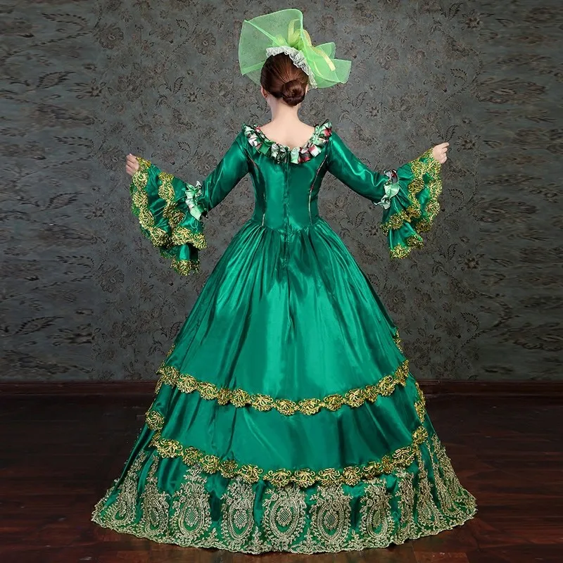 Free Shipping Gold Lace Decorate Vintage Boll Gown Palace Stage Dress Victorian Party Dress Include Hat (4)