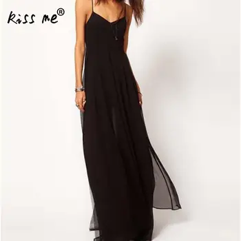 

Chiffon Black Vintage Dress Long Sling Beach Dress Cotton Slip Dress Vintage Elegant Long Beach Dress Halter Top Holiday Beach