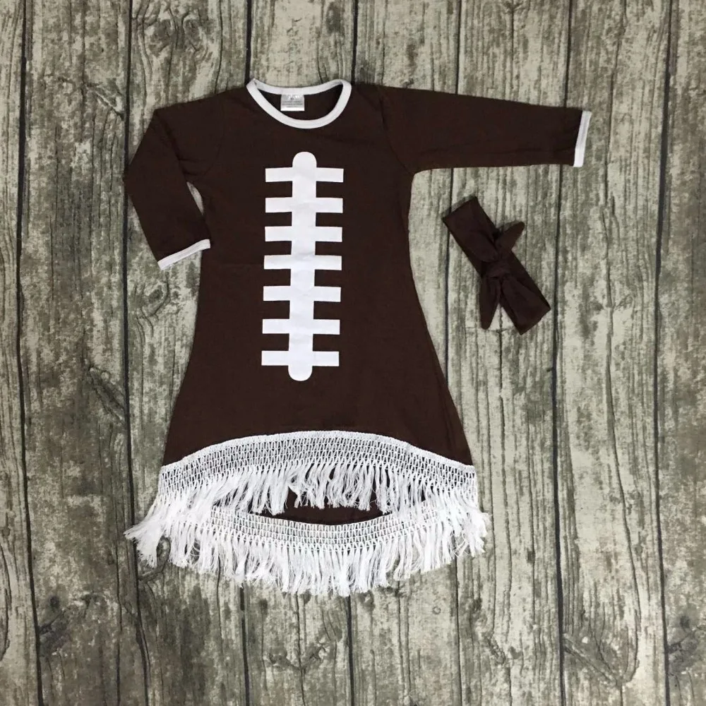 2016 Fall baby girls new design football cotton brown dresses soccer season tassel dress long sleeves