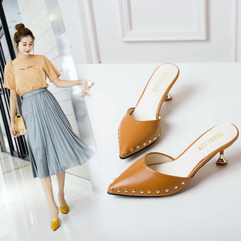 

Baotou half slippers female summer wear 2019 new ladies wild rivets sandals stiletto heels