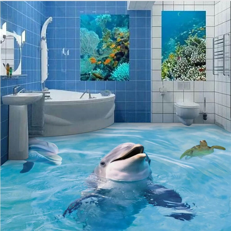 

beibehang Custom large 3D floor decoration painting 3D bathroom shark mural living room bathroom floor painting wallpaper