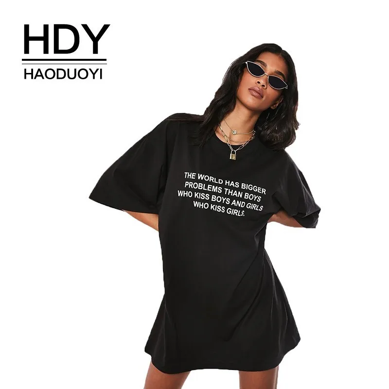 

HDY Haoduoyi 2019 New Fashion European American Style Simple Commuter Witty Loose O-neck Straight Letter T-shirts Black Dress