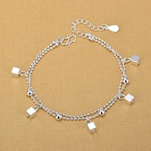 Посеребренные ножные браслеты 925, модные серебряные ювелирные изделия, Двойная Цепочка, квадратный ножной браслет для женщин, девушек, друзей, ноги босиком, украшения для ног