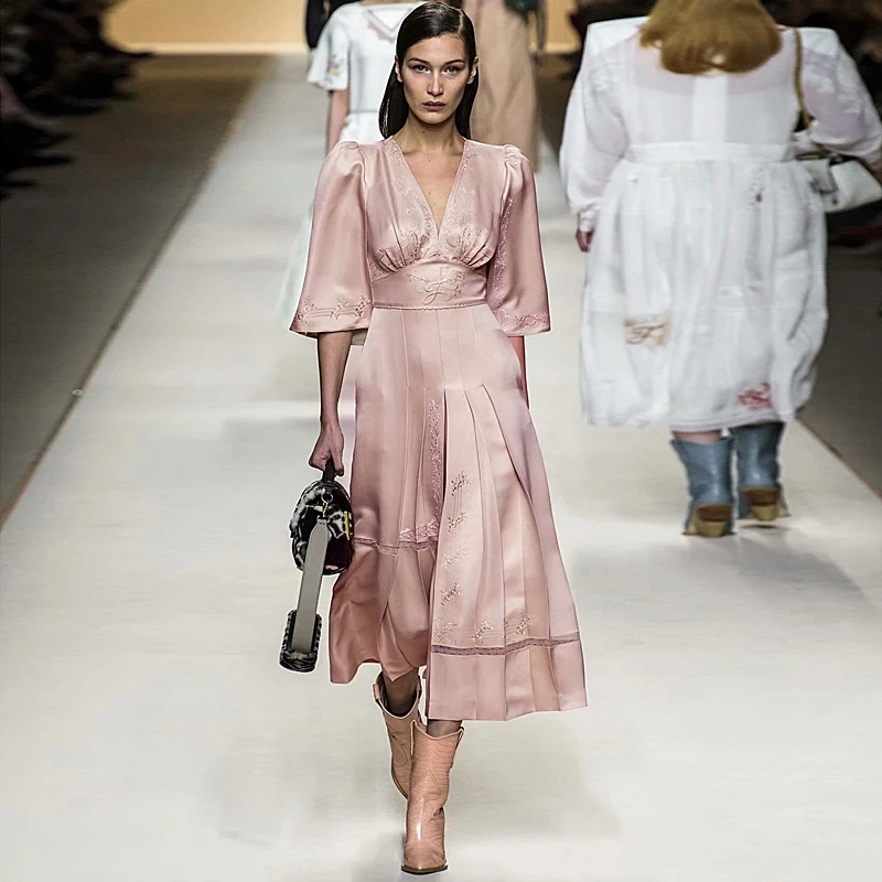 

Long Dress High Quality 2019 Summer New Women'S Fashion Party Casual Sexy Workplace Vintage Elegant Chic Embroidery Pink Dresses