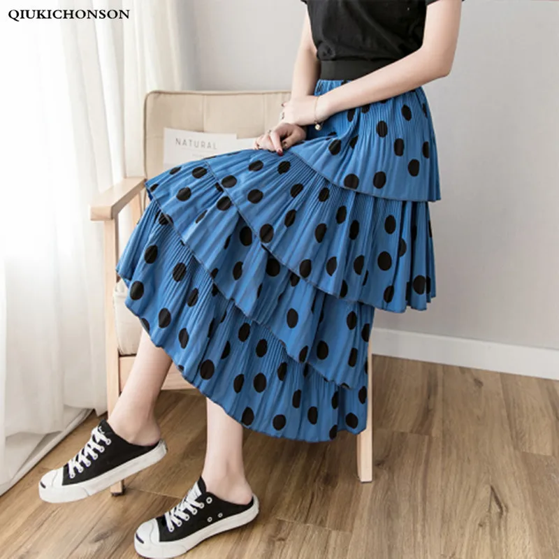 

2019 Spring Summer Long Skirts Women Korean Fashion Elastic High Waist Cake Layered Ruffle Polka Dot Skirts Pleated Midi Skirt