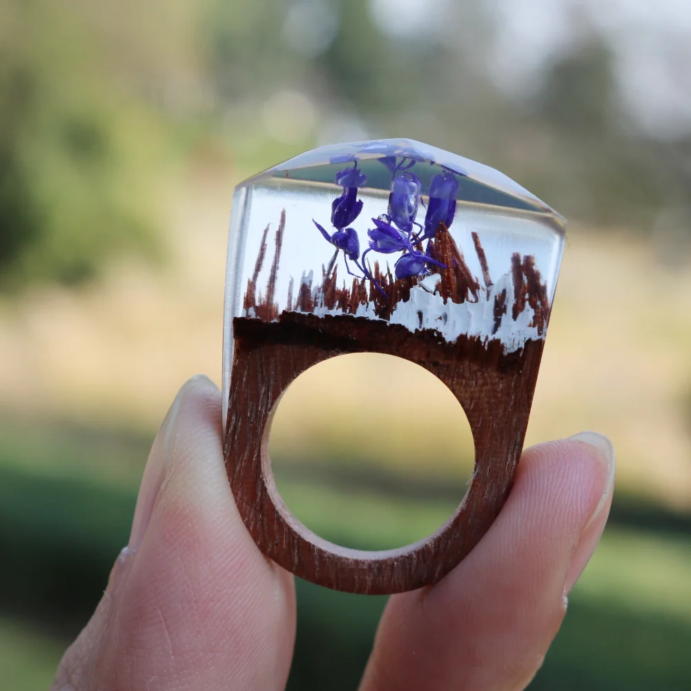 

Beautiful Women Handmade Designer Rings Wooden Rings Magical Purple Flower Inside Ring Anillo Ring Jewelry for Women Men