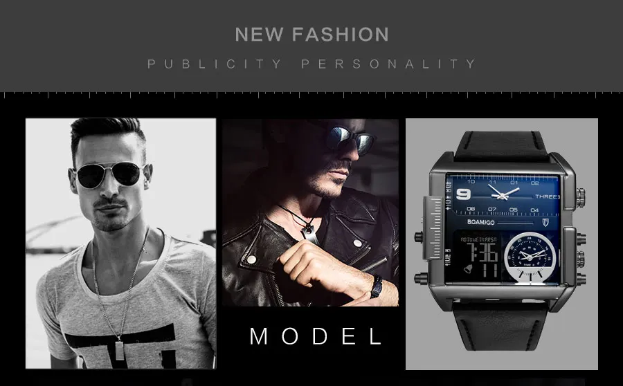 BOAMIGO Brand Fashion Black Dial Man Watch 3 Time Zone Big Rectangle Men Sport Watches Leather Band Calendar Quartz Wristwatches (31)