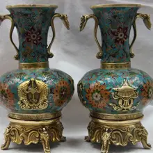 11 Китай Бронза Медь Перегородчатые Ruyi Восемь сокровища Пот Колбу Бутылка Ваза Пара 8.02