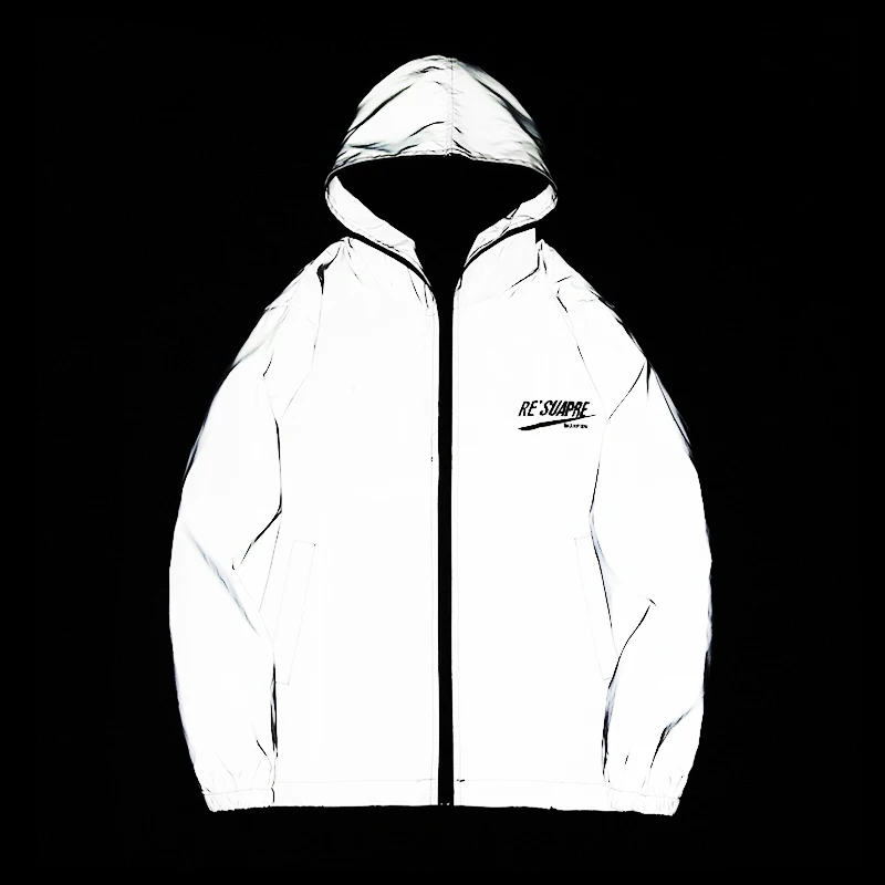 

Men fashion Letter Funny Print Reflective zipper Hooded Jacket Mens Casual Night Fluorescen skateboard Windbreaker hoodie Coats