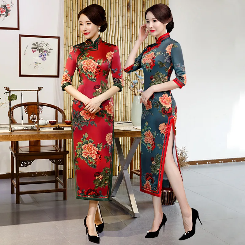 Сексуальное длинное платье чонсам, осень, винтажное платье в китайском стиле, модные женские вечерние платья с пуговицами, Vestido