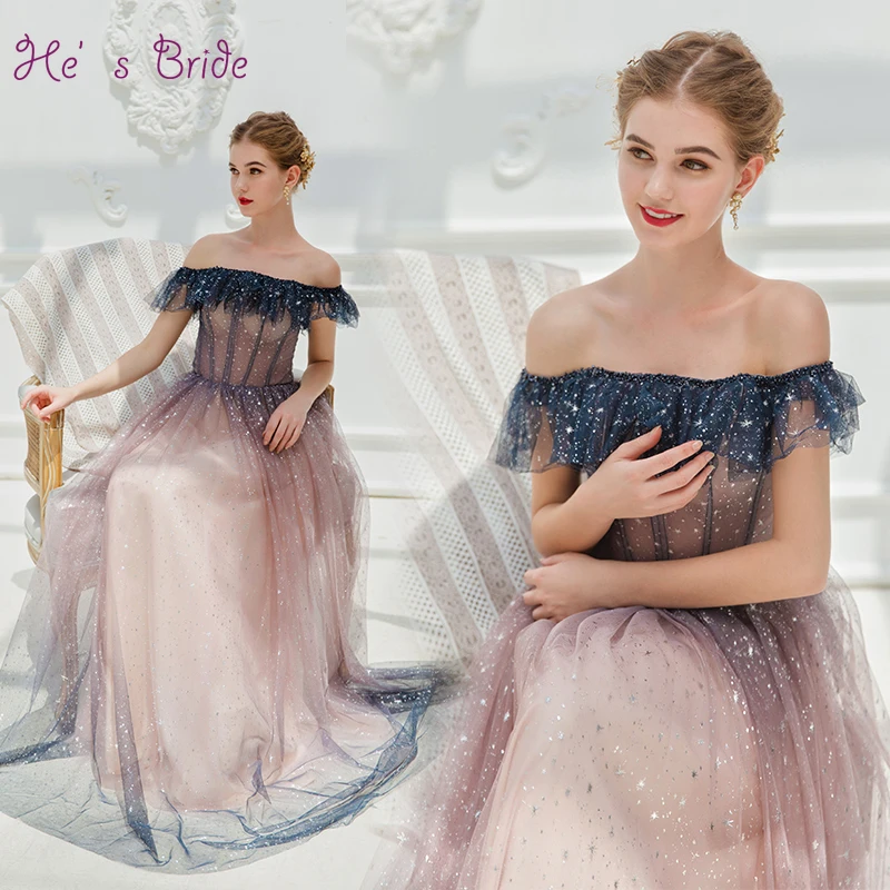 

He's Bride New Fairy Evening Dress Sexy Boat Neck Lace Up A-line Floor-length Prom Formal Grown Robe De Soiree