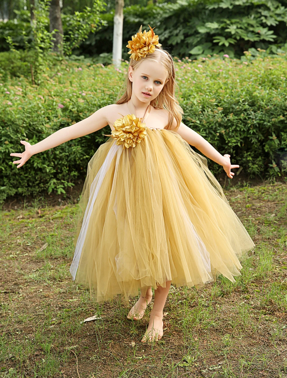 Ball Gown Tulle little girls dress elegant TUTU dress kids girls outdoor casual dress with flower