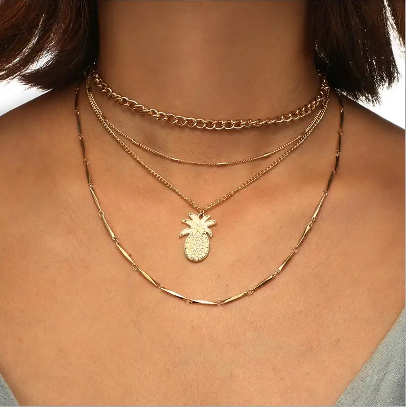

Boho Gold Layered Necklaces Set of 4 Layered Necklaces Personalized pineapple initial Necklace Layering Necklaces Layered Long