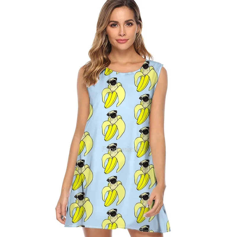 

New Women banana pug Pirnted dress Summer Dress 2019 Boho Style Holiday Vocation Beach Party Dresses Sexy Mini Short Dress