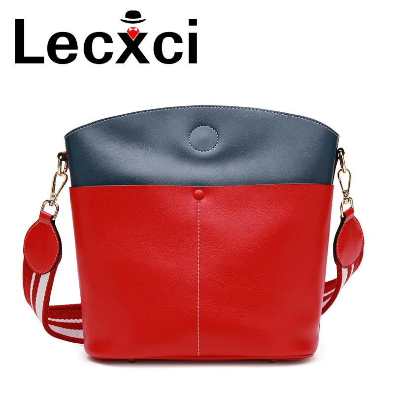 

Lecxci new ladies bucket shoulder bag large-capacity leather handbags simple hit color diagonal trend crossbody bag for women