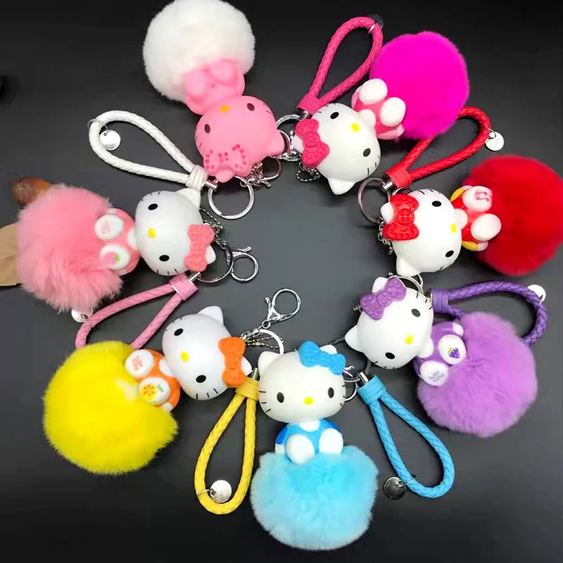 

Pom Pom Anime Keychain Cartoon Hello Kitty Keychain Fluffy Rabbit Fur Key Chain Ring Holder Women Bag Car Charm Pompom Keyring