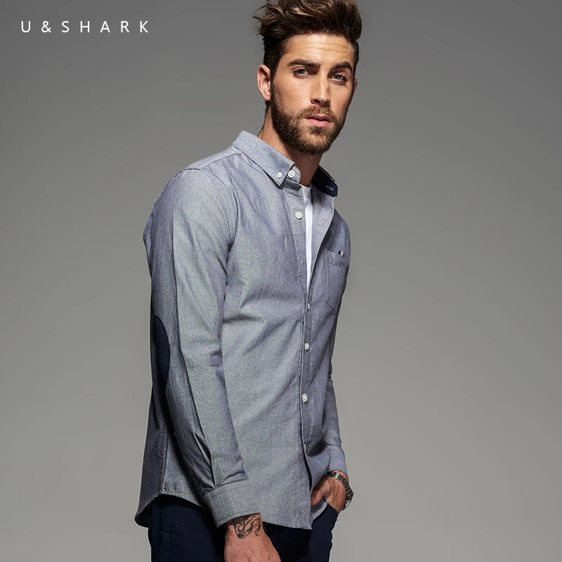 U Shark Fashion Patchwork Design Grey Oxford Casual Shirt Men Slim Fit Camisa Masculina Long Sleeve