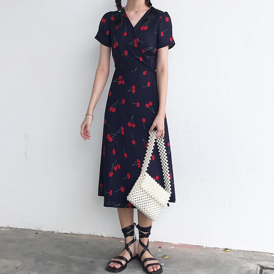 

2019 Summer Print Cherry Dress Women Streetwear V-Neck Short Sleeve Elegant Long Dresses Vintage Dark Blue Dress vestidos