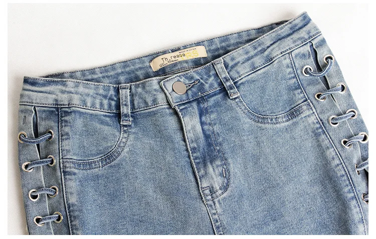 LIBERJOG женские джинсы плюс размер синий тонкий стрейч сексуальный боковой выдолбленный шнуровкой повседневные хлопковые джинсовые узкие брюки обтягивающие брюки
