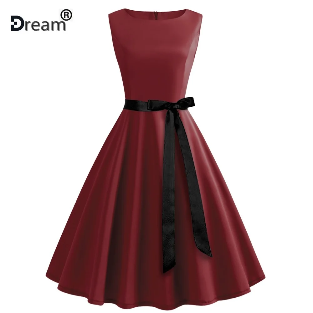 

2019 Summer Dress Women Sexy A-line Sleeveless Party Dresses 50s 60s Rockabilly Pin Up Vintage Dress Casual Pink Midi Dress